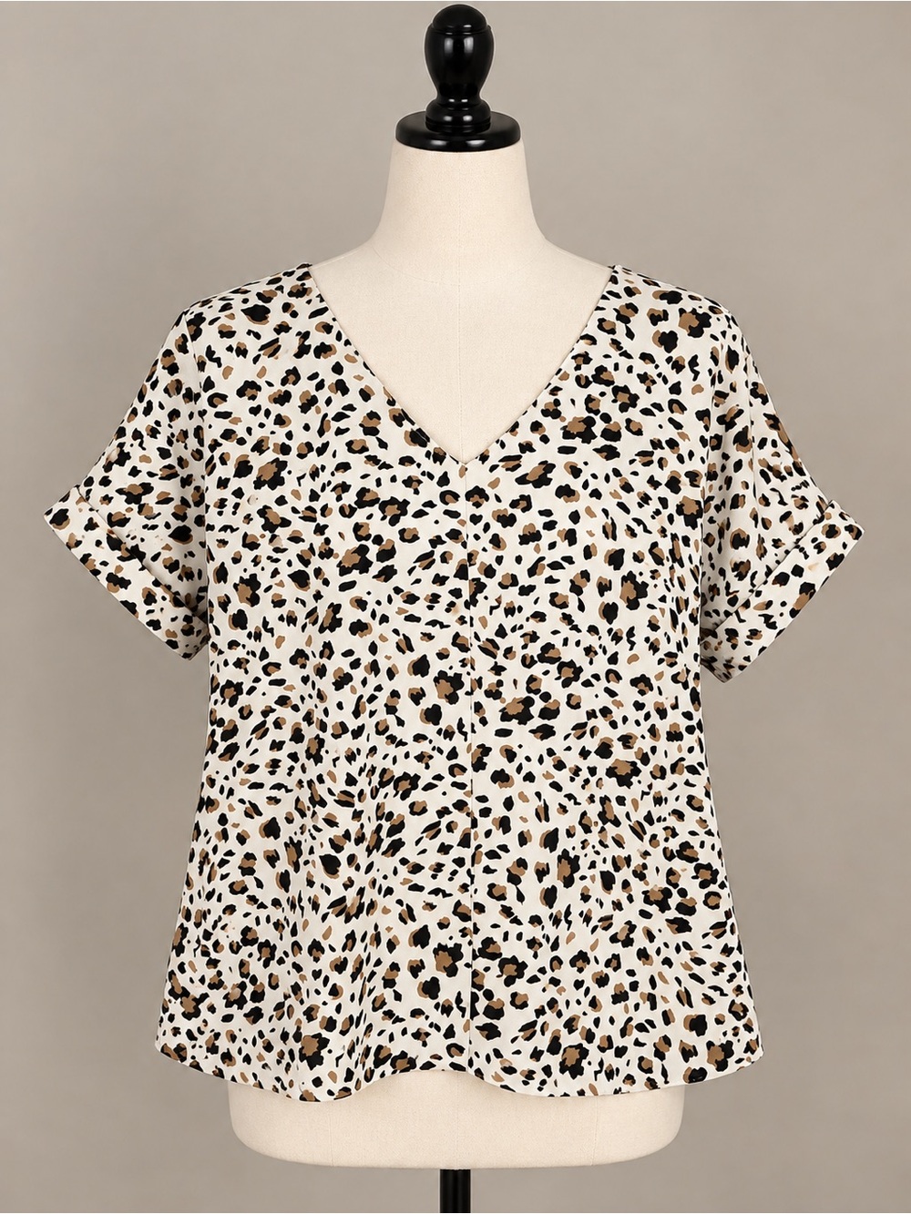 Melloday Leopard Print V-Neck Blouse Cuffed Sleeve Top L